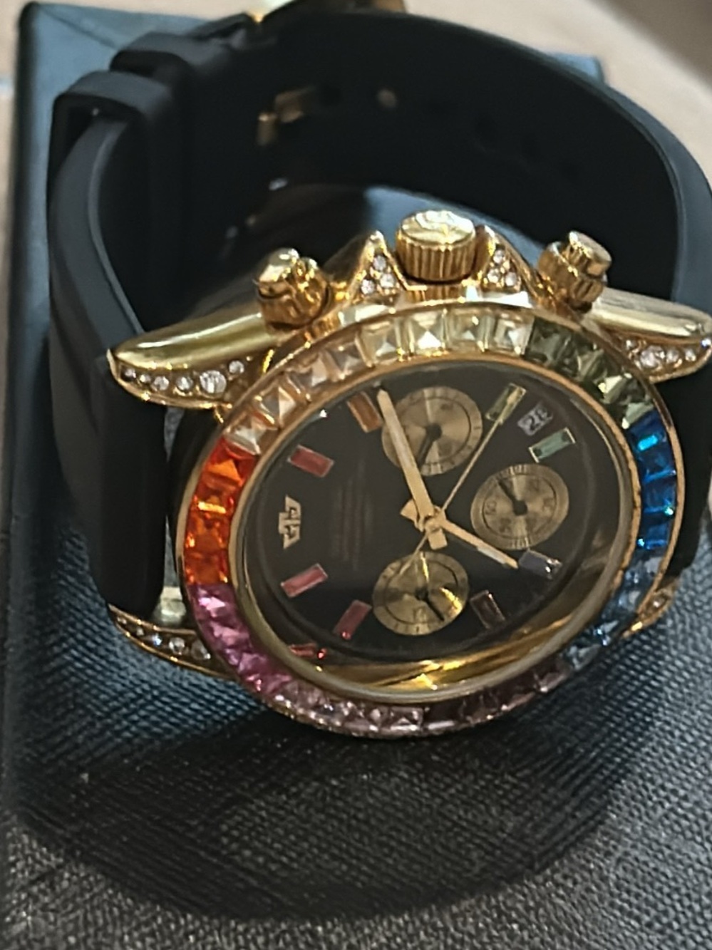 Gold Automatic Chronograph Men's Watch with Rainbow Crystal Bezel - Black Strap